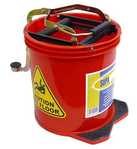 Mop Bucket Metal Wringer with Wheels Heavy Duty Plastic 16 Liter Red