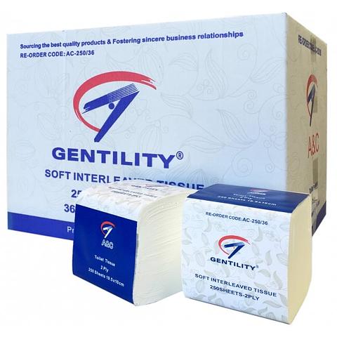 A&amp;C Gentility Interleaved Toilet Tissues 2 Ply 250 Sheet Quality Toilet Paper 36 Packs AC-250/36