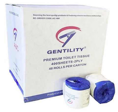 A&amp;C Gentility Premium Toilet Tissues Soft White 2 ply 400 sheets 48 Rolls Individually Wrap AC-400