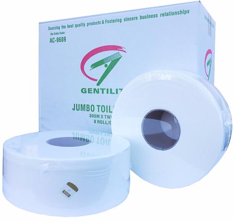 A&amp;C Gentility Premium Jumbo Toilet Roll 2 ply 300 meter 8 Rolls Individual Wrap AC-9689