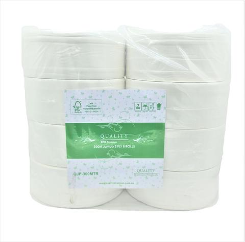 Quality Premium Products Mix Virgin White Recycle Paper Jumbo Toilet Tissue Toilet Roll 2 ply 300 meter 8 Rolls Polybag QJP-300MTR