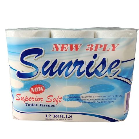 Sunrise Toilet Rolls 3 ply 180 sheets 12 rolls x 4 packs 48 rolls p ...