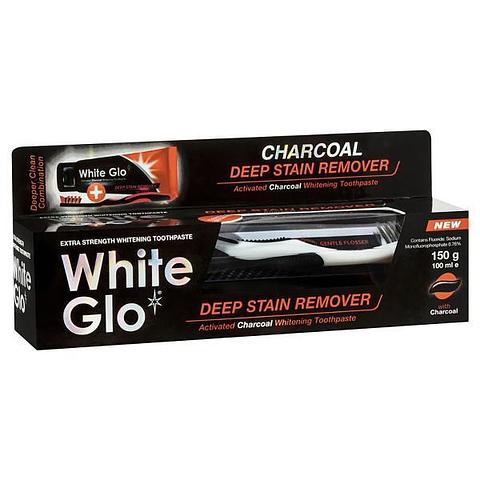 White Glo Charcoal Deep Stain Remover set Toothbrush, Charcoal Whitening Toothpaste 150g and Toothpicks